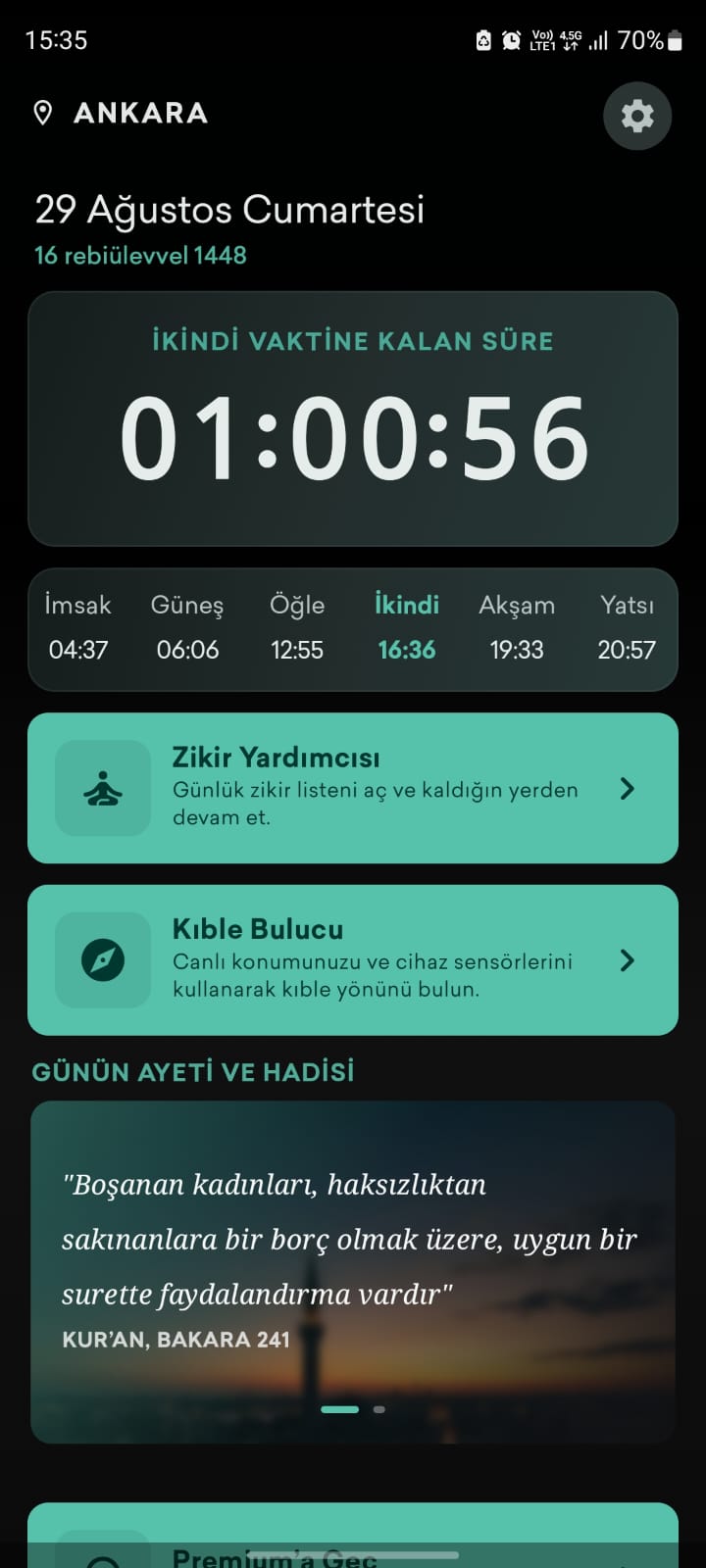 Namaz vakitleri ekranı